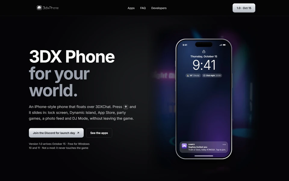 The 3DX Phone website with the phone showing its lock screen