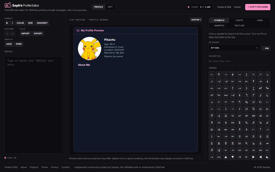 Soph's Profile Editor with a profile preview and the symbol picker