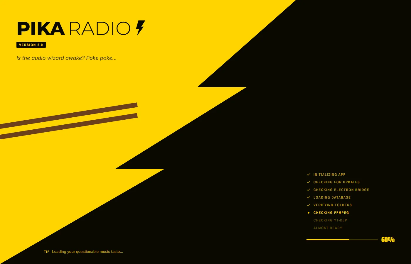 Pika Radio 2.0 starting up after the install: the start screen checks the parts of the app.