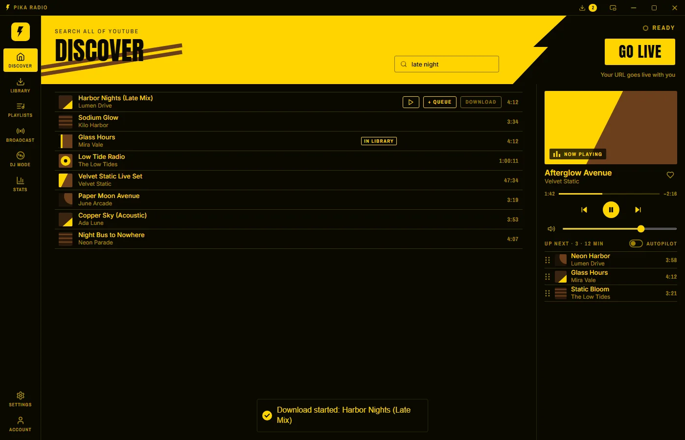 Discover in Pika Radio: search results for late night, the first track downloading after a click on Download.