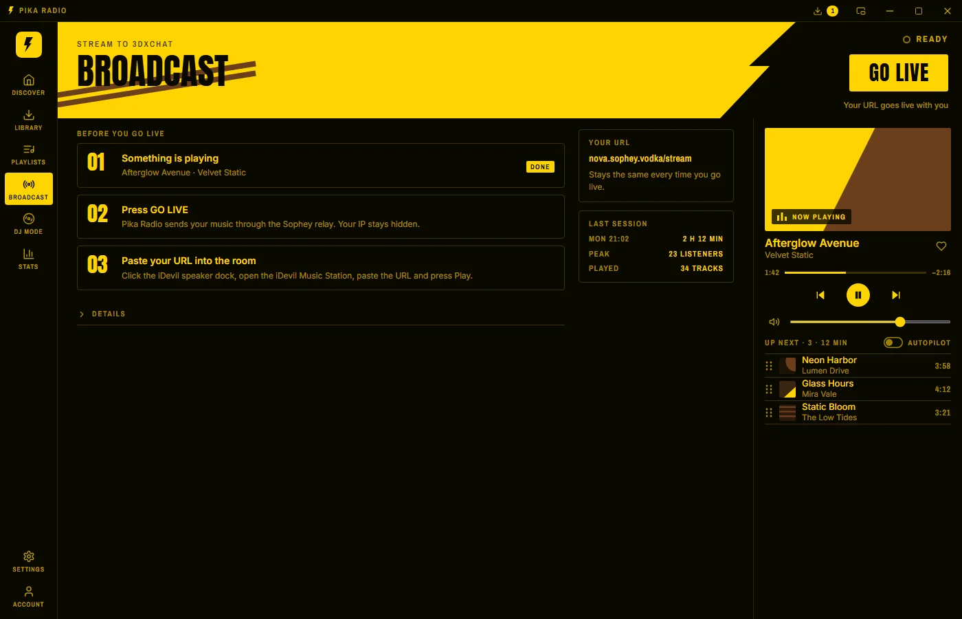 The Broadcast page: before you go live, the last of three steps says how to paste the URL into the room.
