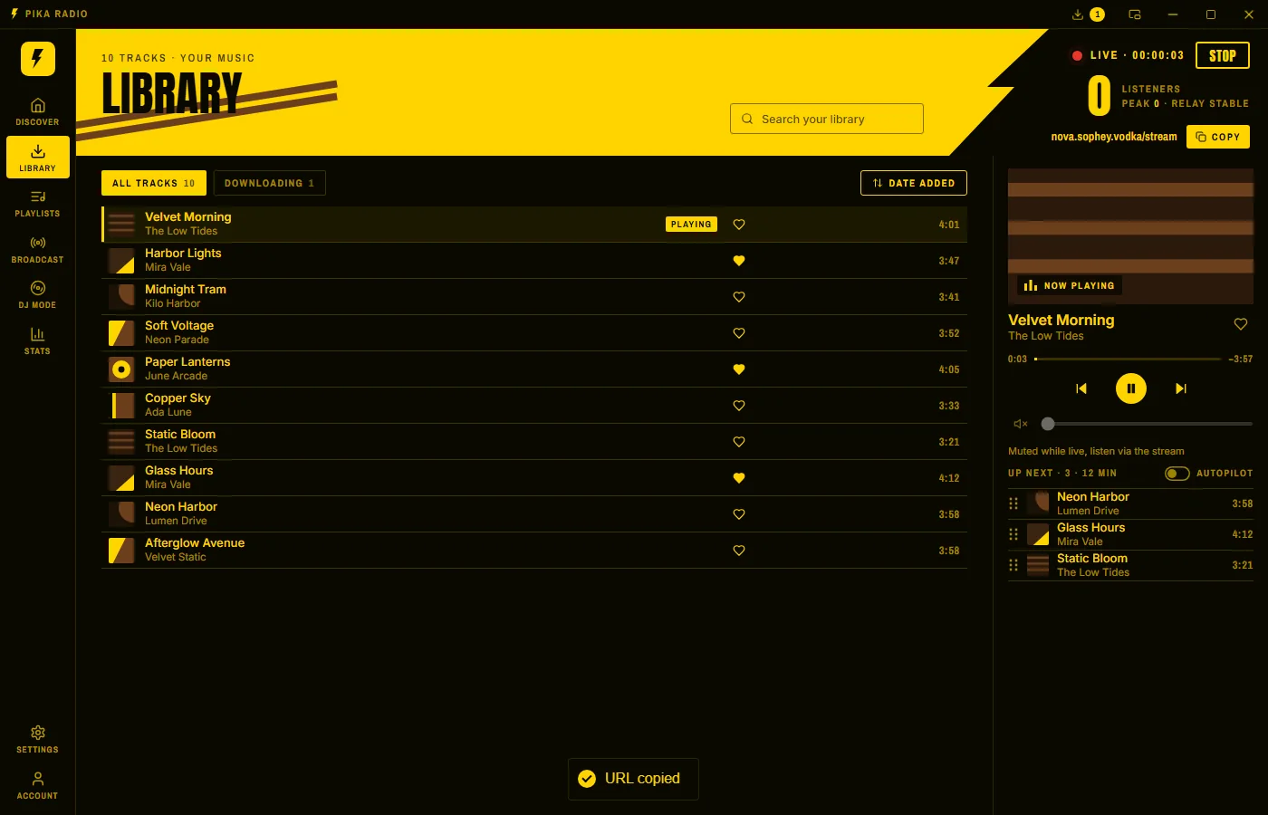 The header with the stream URL nova.sophey.vodka/stream and the Copy button; a note says URL copied.